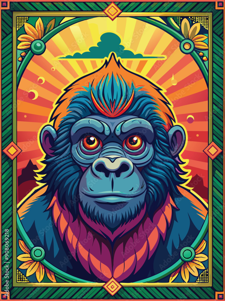 Fototapeta premium A Psychedelic Gorilla Portrait Against a Colorful Sunset