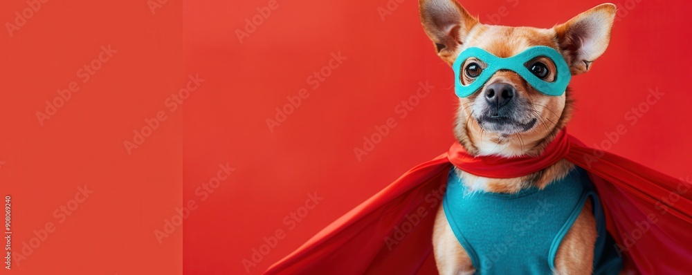Adorable dog dressed as a superhero with a mask and cape, ready for action. Free copy space for text. Adorable dog dressed as a superhero with a mask and cape, ready for action. Free copy space for text.