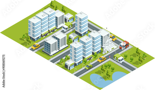 Isometric city streets with building and roads