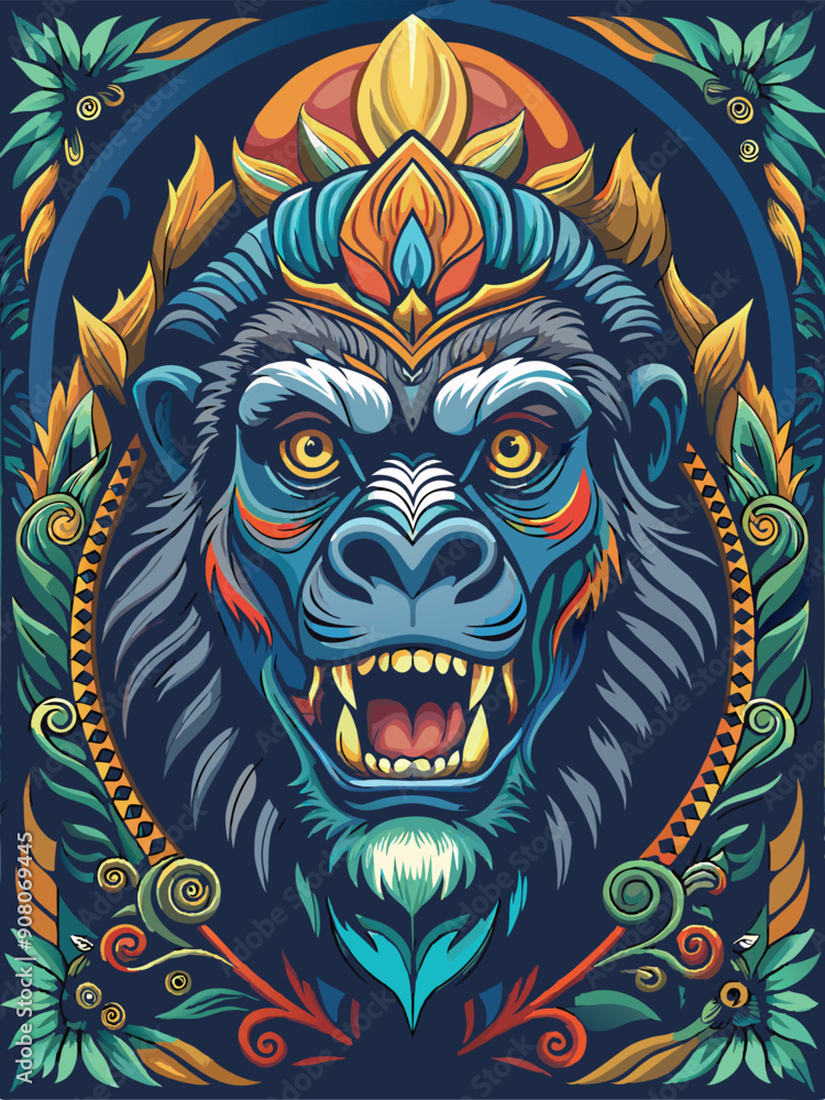 Colorful Illustration of a Monkey's Head with Floral Ornamentation Colorful Illustration of a Monkey's Head with Floral Ornamentation