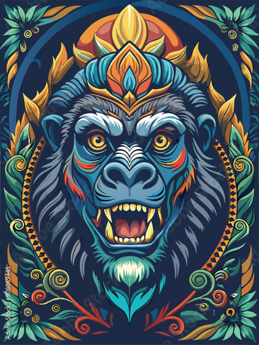 Colorful Illustration of a Monkey's Head with Floral Ornamentation