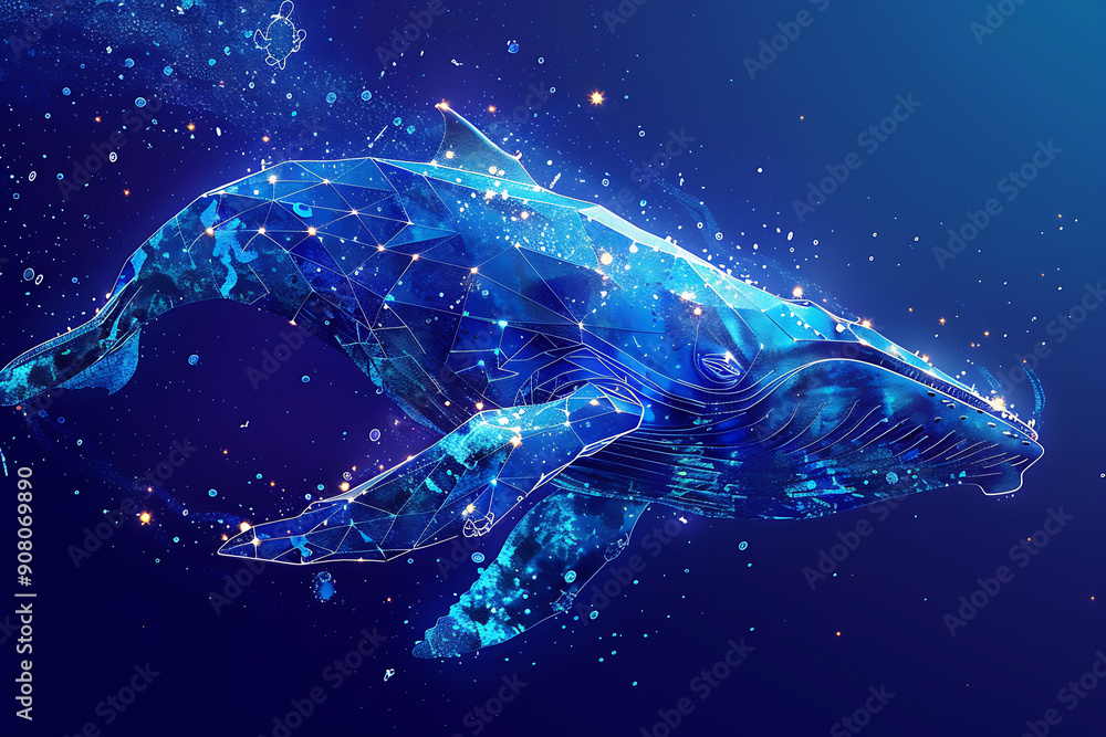 A digital wireframe polygon illustration of a whale set against a blue background, showcasing marine life through modern art. The design emphasizes the whale's majestic form and fluid motion A digital wireframe polygon illustration of a whale set against a blue background, showcasing marine life through modern art. The design emphasizes the whale's majestic form and fluid motion