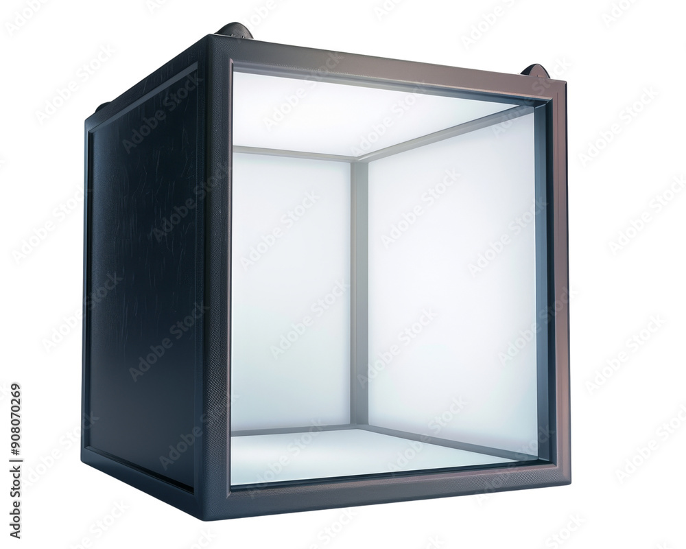 A glowing white cube inside a dark, framed box. The cube emits a soft light, creating a minimalist and abstract scene. A glowing white cube inside a dark, framed box. The cube emits a soft light, creating a minimalist and abstract scene.