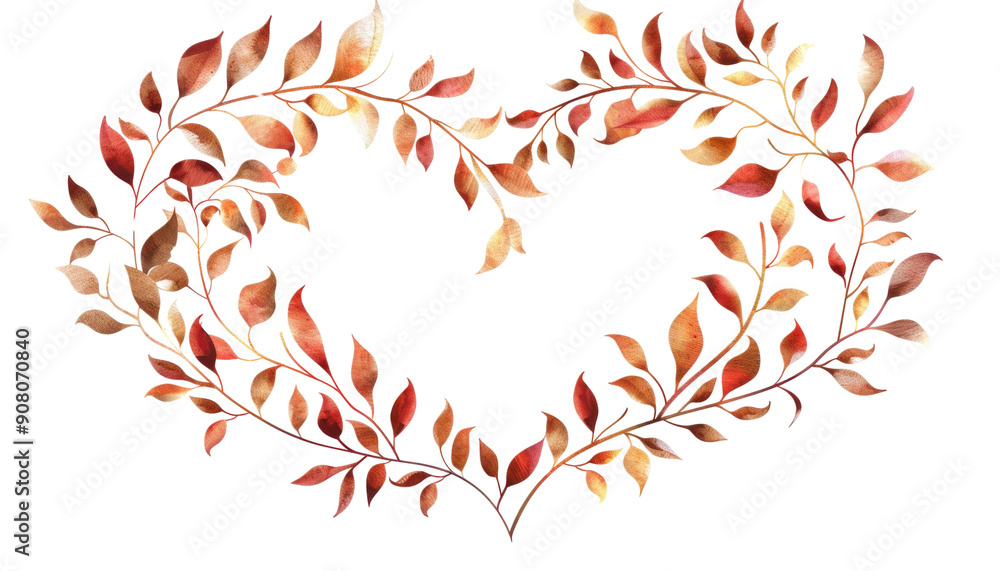 A heart-shaped wreath of autumn leaves in shades of red, orange, and yellow. A heart-shaped wreath of autumn leaves in shades of red, orange, and yellow.