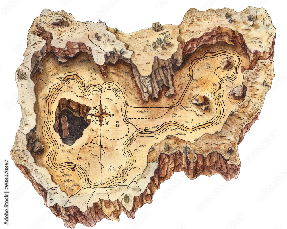 A hand-drawn map of a desolate, rugged landscape with caves, canyons and paths. Perfect for fantasy adventure or historical fiction. A hand-drawn map of a desolate, rugged landscape with caves, canyons and paths. Perfect for fantasy adventure or historical fiction.