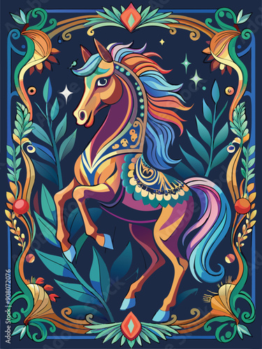 A Colorful Horse Stands Proudly in a Decorative Frame