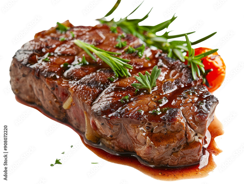 A perfectly grilled steak with rosemary and tomato garnish, served with a rich, savory sauce. A perfectly grilled steak with rosemary and tomato garnish, served with a rich, savory sauce.