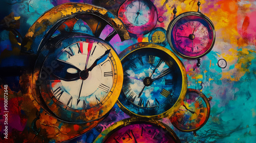 Include artistic or abstract representations of clocks, using creative compositions, vibrant colors, and imaginative designs to convey the concept of time in a unique way. 