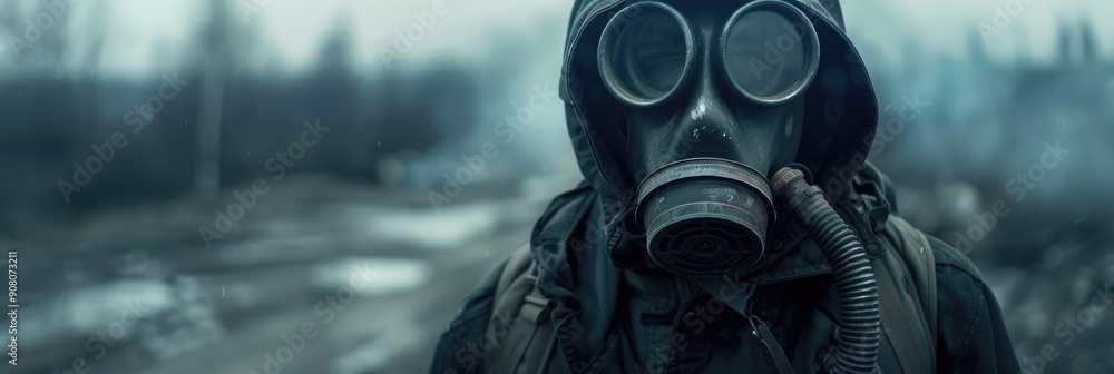 Post apocalyptic survivor in gas mask after an environmental catastrophe Post apocalyptic survivor in gas mask after an environmental catastrophe