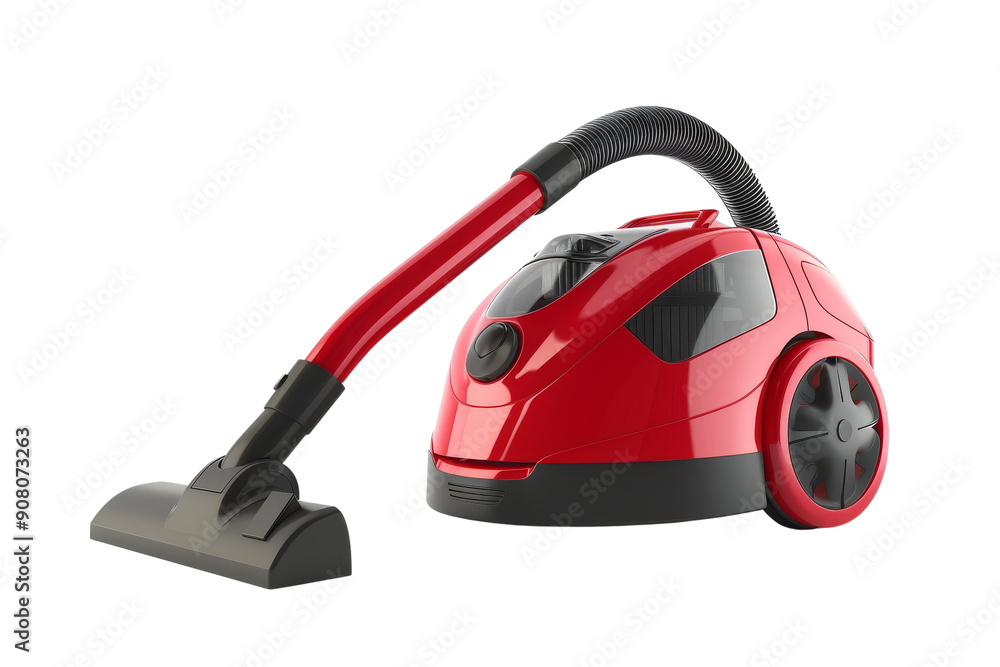 A red and black vacuum cleaner with a long hose and a nozzle on the floor. The vacuum cleaner is on wheels and has a sleek design. A red and black vacuum cleaner with a long hose and a nozzle on the floor. The vacuum cleaner is on wheels and has a sleek design.