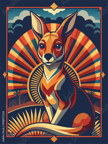 Retro Art Deco Style Illustration of a Red Kangaroo