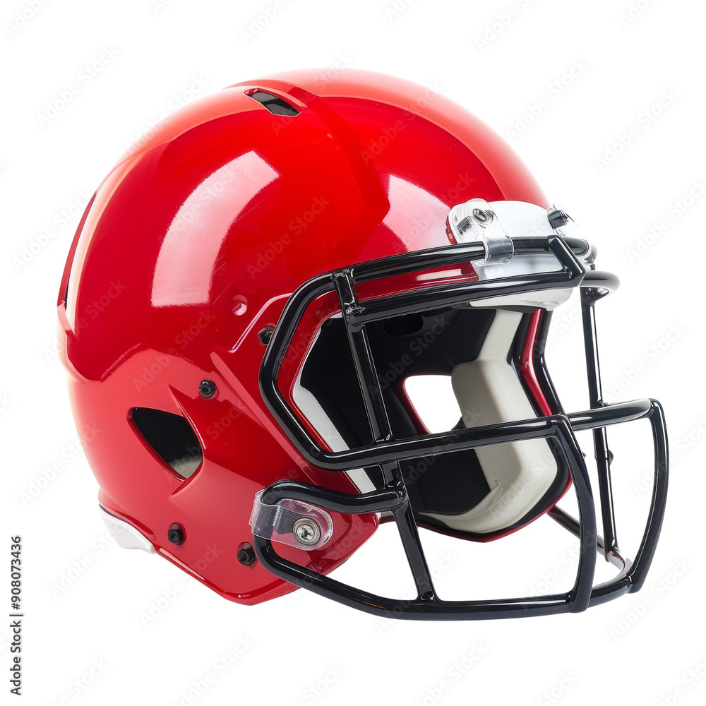 Fototapeta premium A red football helmet with a black face mask, isolated on a black background.