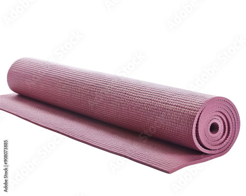 A rolled up purple yoga mat isolated on a white background.