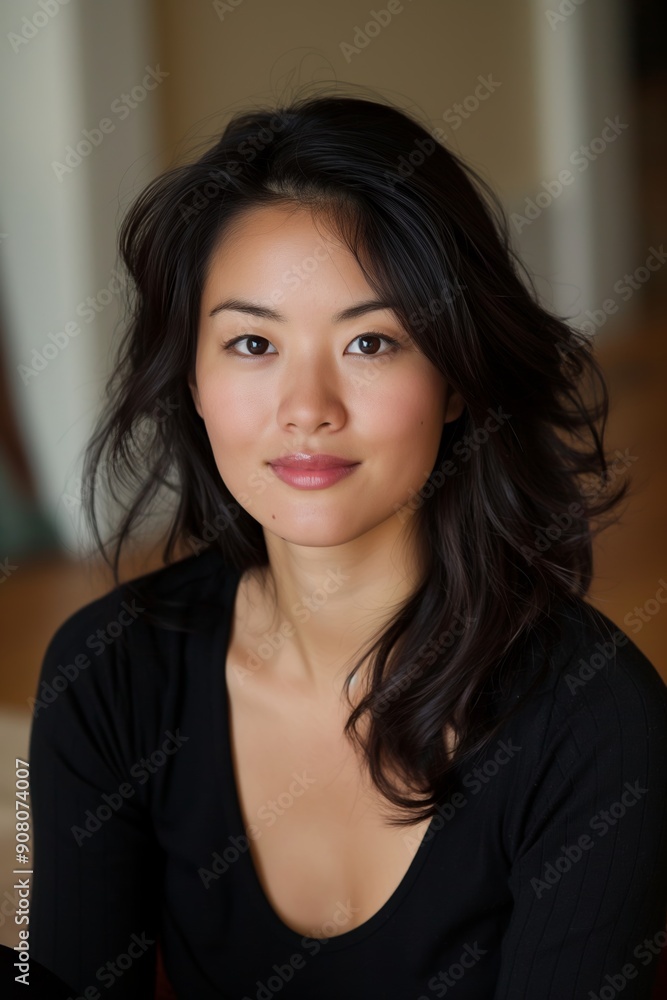 Woman with relaxed smile and loose hair, sitting indoors in soft lighting, with focus on her serene expression. Woman with relaxed smile and loose hair, sitting indoors in soft lighting, with focus on her serene expression.