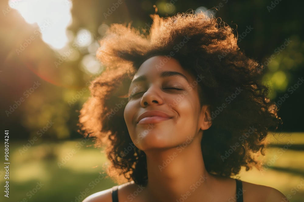Woman with closed eyes, contented expression, basking in soft sunlight outdoors, surrounded by lush greenery and warm tones. Woman with closed eyes, contented expression, basking in soft sunlight outdoors, surrounded by lush greenery and warm tones.