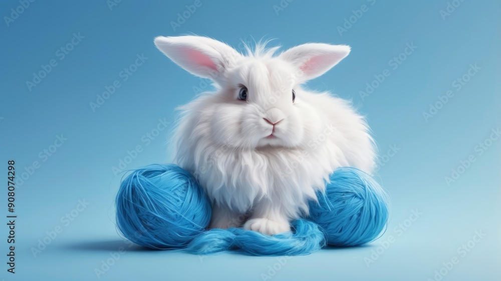 Obraz premium White fluffy rabbit on a blue background