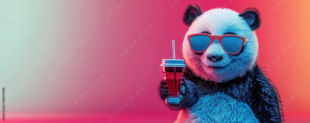 Cute panda bear wearing sunglasses, enjoying a drink with a relaxed vibe. Free copy space for text. Cute panda bear wearing sunglasses, enjoying a drink with a relaxed vibe. Free copy space for text.
