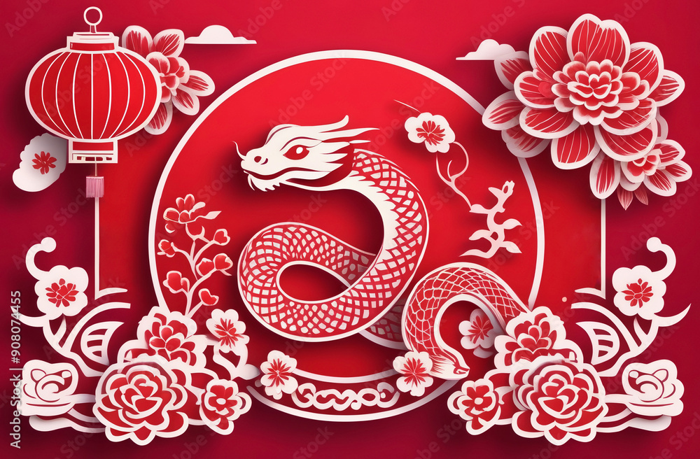 Happy chinese new year 2025 year of the snake with flowers, asian elements red and white traditional style on color background. Happy chinese new year 2025 year of the snake with flowers, asian elements red and white traditional style on color background.