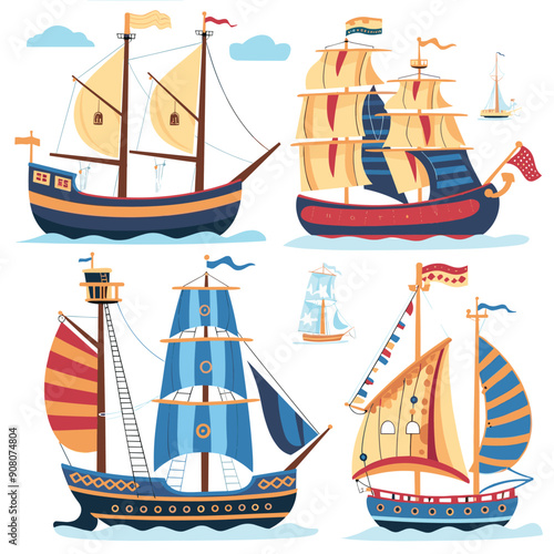 Four vintage sailing ships display colorful sails flags, suggesting historical exploration. Tall ships different mast designs evoke tales naval adventures during age sail. Nautical vessels