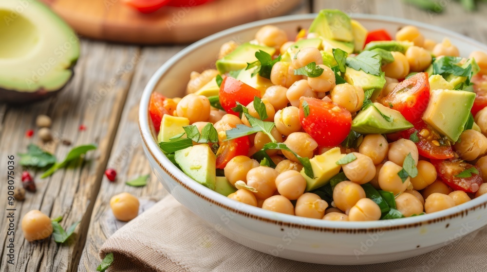 Healthy vegan chickpea salad with avocado, tomato, and herbs in a bowl on a rustic wooden table. Healthy vegan chickpea salad with avocado, tomato, and herbs in a bowl on a rustic wooden table.