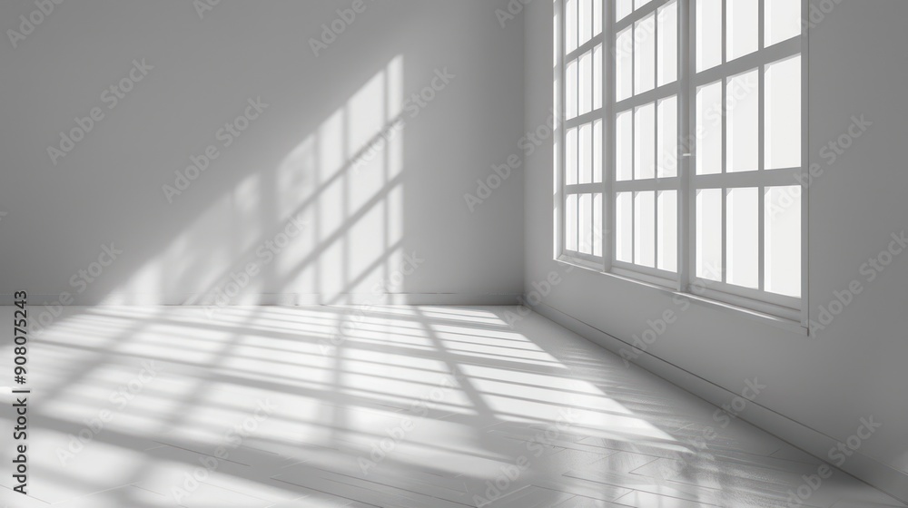 Shadow of glass window on white wall of empty modern house interior. Shadow of glass window on white wall of empty modern house interior.