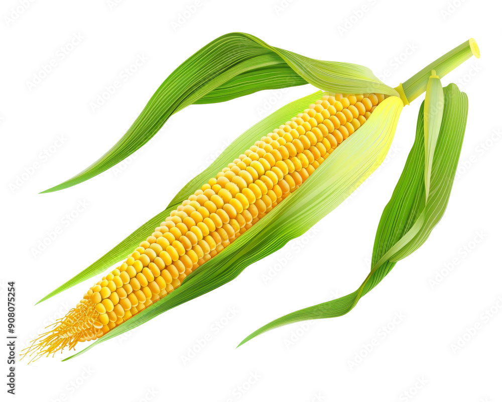 A single ear of corn with husks, isolated on a black background. The corn is fresh and ripe, with yellow kernels and green husks. A single ear of corn with husks, isolated on a black background. The corn is fresh and ripe, with yellow kernels and green husks.
