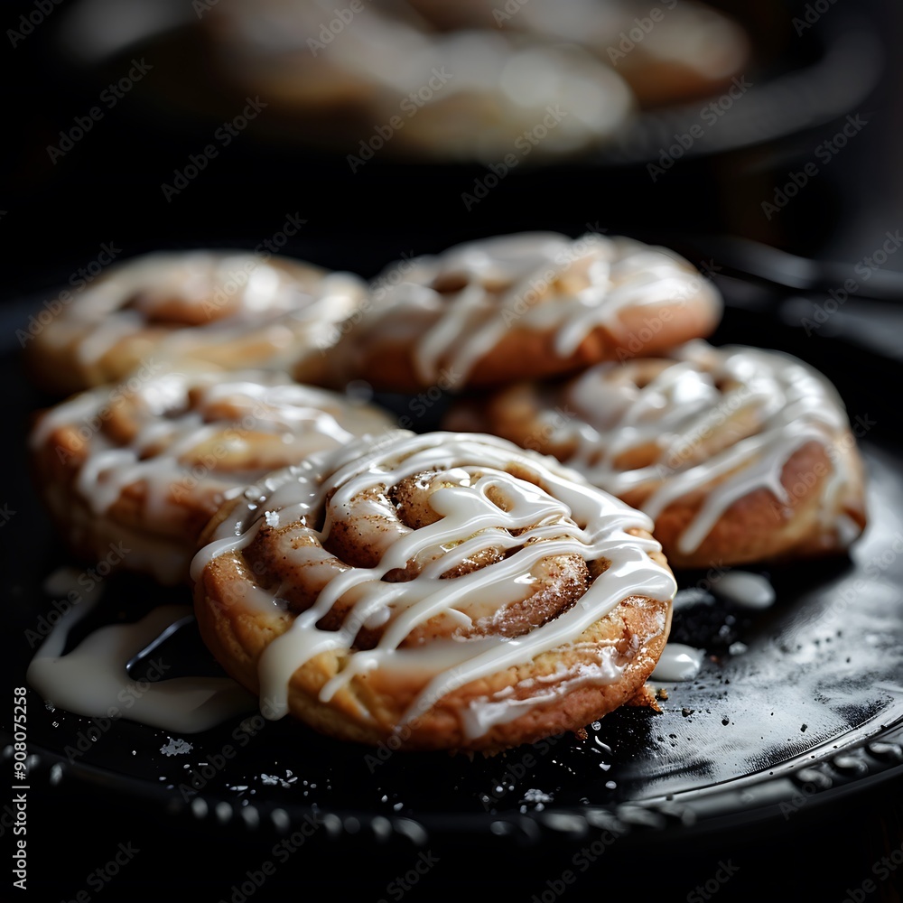 Close-up of Delicious Cinnamon Rolls with White Icing on a Black Plate. Close-up of Delicious Cinnamon Rolls with White Icing on a Black Plate.