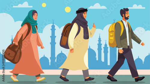 Three persons walking, dressed traditional Middle Eastern attire, carrying bags, mosque silhouette blue sky background. One woman wears green hijab peach dress, two men wearing thobes modern
