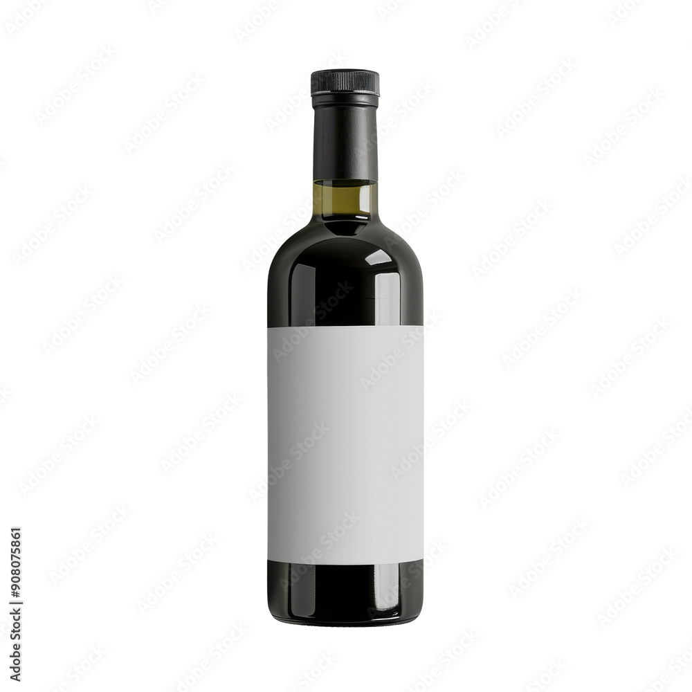 A single, clear glass bottle of red wine with a blank label. The bottle is isolated on a black background. A single, clear glass bottle of red wine with a blank label. The bottle is isolated on a black background.