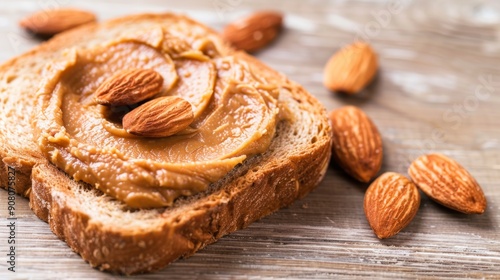 Toast spread with creamy almond butter and topped with whole almonds, on a rustic wooden table. Healthy and delicious snack idea.