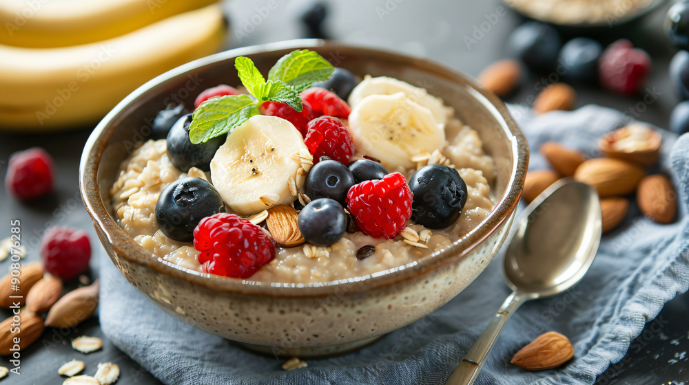 A bowl of nutritious oatmeal topped with fruits and nuts A bowl of nutritious oatmeal topped with fruits and nuts