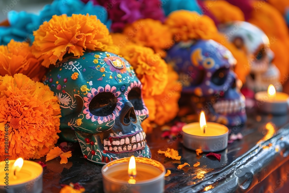Close-up Dia De Los Muertos altar - beautifully decorated sugar skulls and vibrant marigold flowers, candles in the background. AI generated Close-up Dia De Los Muertos altar - beautifully decorated sugar skulls and vibrant marigold flowers, candles in the background. AI generated