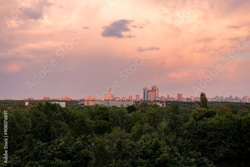 Sunset over the city. Moscow sunset. City. Moscow State University 