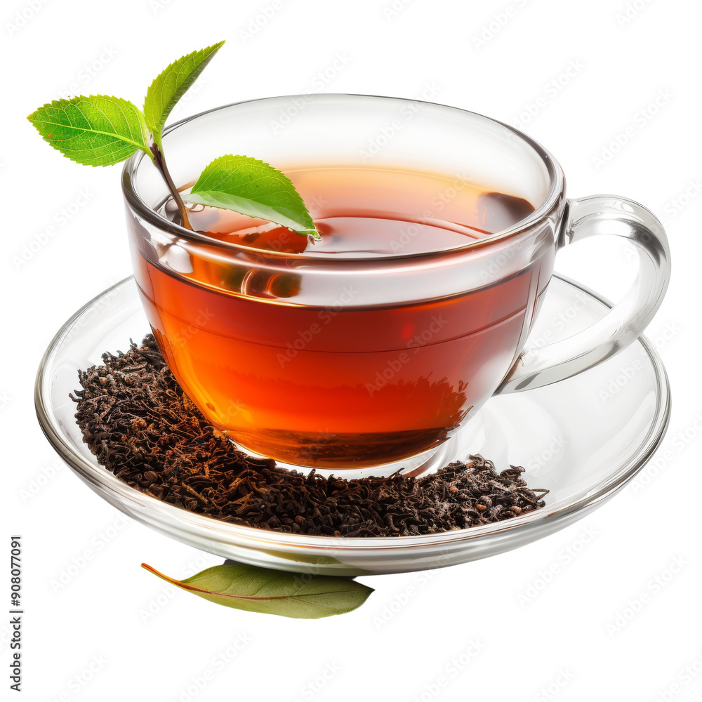 A steaming cup of black tea with loose tea leaves on a white saucer, garnished with a sprig of fresh mint. A steaming cup of black tea with loose tea leaves on a white saucer, garnished with a sprig of fresh mint.