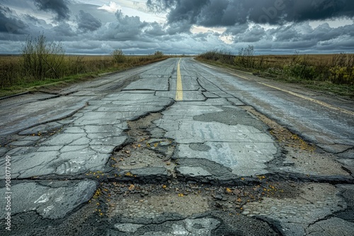 The close up picture of the pothole on the broken road with cracked and hole on street, the pothole is the type of road defect characterized by the depression or hollow in surface of a roadway. AIG51. photo