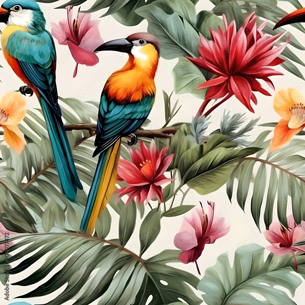 Fototapeta premium Explore this vibrant seamless pattern featuring tropical plants and birds, perfect for adding a touch of exotic beauty to your designs and projects.