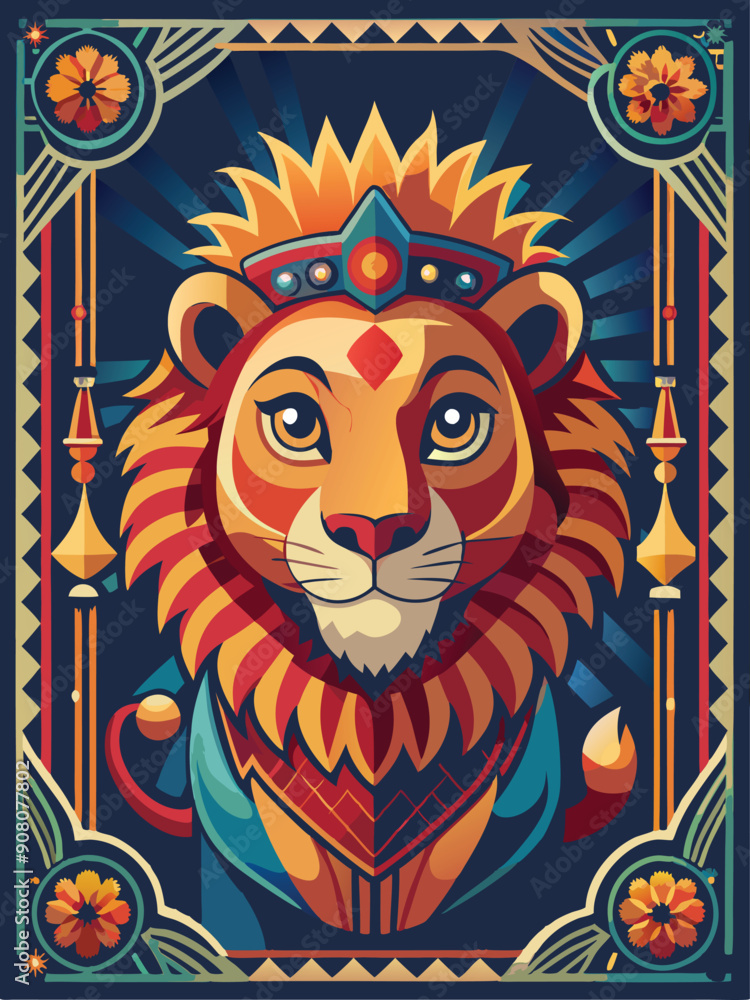 Obraz premium Majestic Lion Portrait with Geometric and Floral Ornamentation