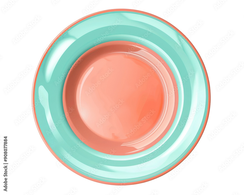 A top view of a round, peach and light blue ceramic plate. It is a simple design with a glossy finish. The plate is empty and ready to be used. A top view of a round, peach and light blue ceramic plate. It is a simple design with a glossy finish. The plate is empty and ready to be used.