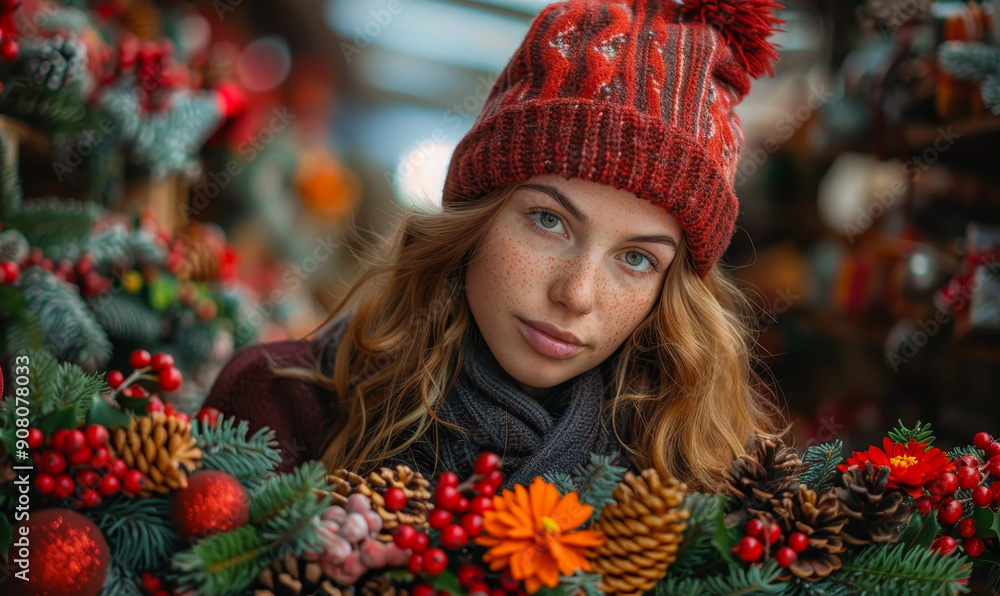 Woman Crafting Festive Christmas Wreath in Cozy, Indoor Holiday Setting, Wearing Winter Hat, Surrounded by Seasonal Decorations, Capturing Warm Holiday Spirit and DIY Creative Activity Woman Crafting Festive Christmas Wreath in Cozy, Indoor Holiday Setting, Wearing Winter Hat, Surrounded by Seasonal Decorations, Capturing Warm Holiday Spirit and DIY Creative Activity