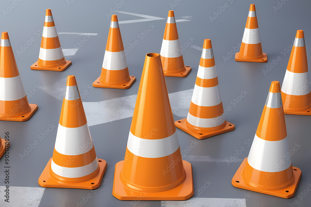 A group of orange and white traffic cones neatly lined up on the ground. A group of orange and white traffic cones neatly lined up on the ground.