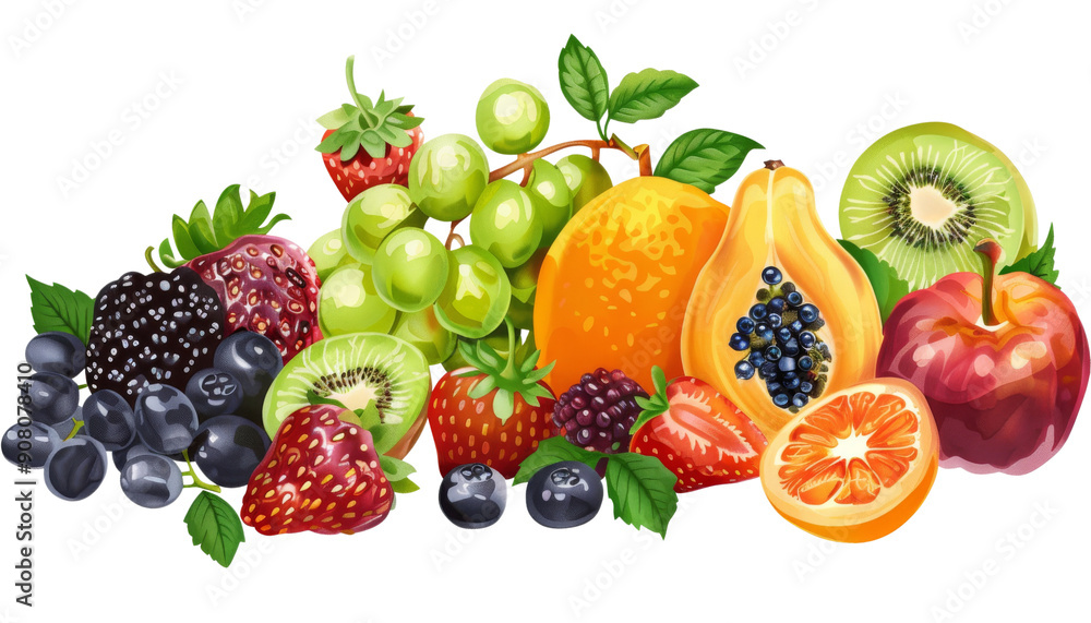 A vibrant assortment of fresh fruits, including grapes, berries, kiwi, papaya, apple and orange. A vibrant assortment of fresh fruits, including grapes, berries, kiwi, papaya, apple and orange.