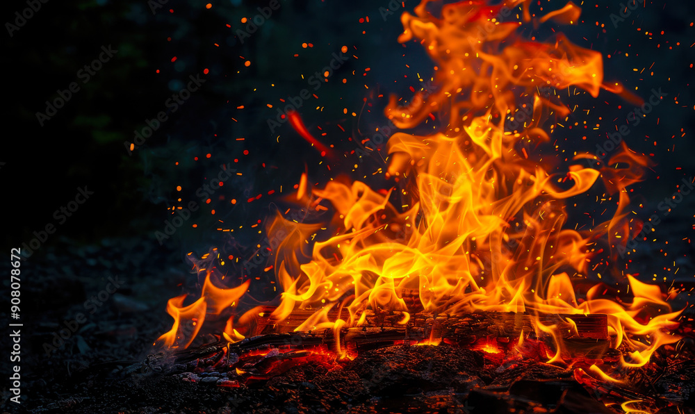 Vibrant Campfire with Flames and Sparks in Dark Forest Setting at Night - Outdoor Adventure, Warmth, and Nature Experience Vibrant Campfire with Flames and Sparks in Dark Forest Setting at Night - Outdoor Adventure, Warmth, and Nature Experience