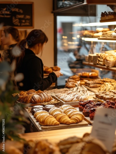 A bakery with a variety of pastries and cakes on display. The scene is attractive, soft lighting highlights the various confectionery items. A woman in a black uniform stands behind the counter photo