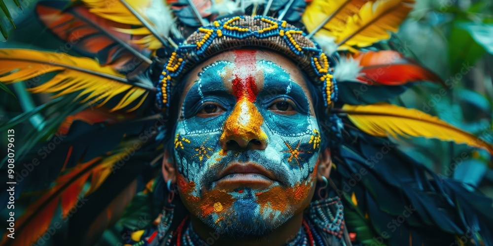 Close-up portrait of a Native American man with traditional face paint and headdress, showcasing cultural heritage Close-up portrait of a Native American man with traditional face paint and headdress, showcasing cultural heritage