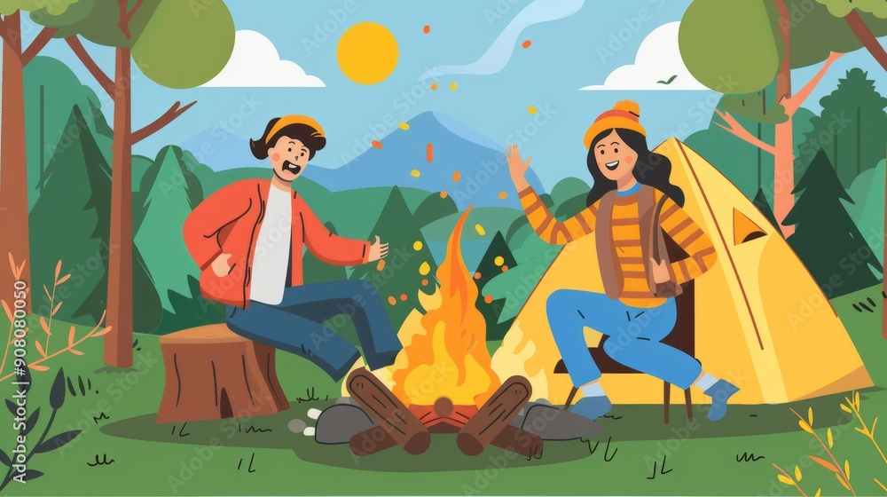 Obraz premium A couple of happy campers are in the forest by a campfire.