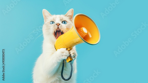 Wallpaper Mural Funny white cat shouting in a yellow loudspeaker holding in his paws on blue background. Sales commercial communication banner with copy space Torontodigital.ca