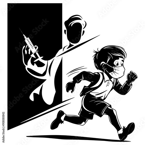 A schoolboy in a medical mask runs away from a doctor with a syringe. Vector silhouette cartoon illustration about vaccination for diseases