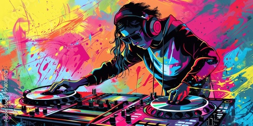 DJ Performing with Colorful Background photo