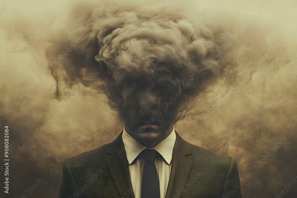 A businessman with smoke billowing from his head, representing the concept of overthinking. A businessman with smoke billowing from his head, representing the concept of overthinking.