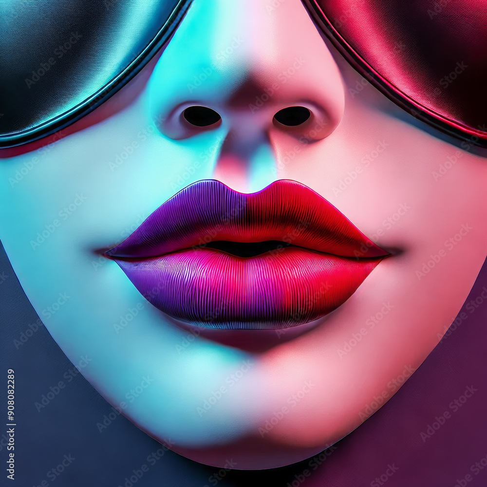 Fototapeta premium A close-up of a woman's lips in vibrant neon colours, featuring shades of red and purple, with a cool, reflective, futuristic vibe. Her sunglasses add a touch of mystery to the composition.